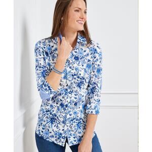 Talbots Cotton Button Front Shirt blue Whimsical Garden Floral Print size 12